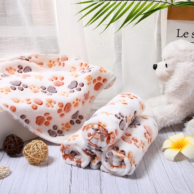 4 Pcs Pet Blanket Dog Puppy Blanket Paw Print Fleece Blanket for Small Medium Pet Dog Cat Warm Soft Sleep Mat Guinea Pig Cage Liners Blanket (White Large(41 x 30 Inch))