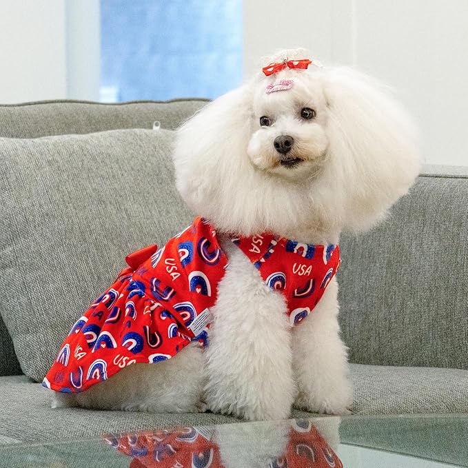 CuteBone Dog Dresses Velvet 4th of July Small Dogs Clothes Onesie Pet Apparel Girl Puppy Skirt with Bow Hair Rope CVA37M