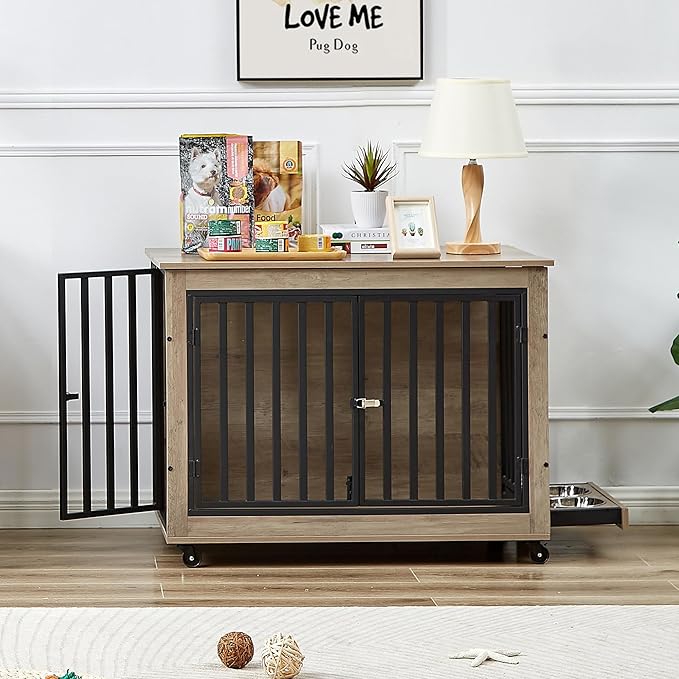 NicBex Dog Crate Furniture Dog Cage with 3 Doors and 2 Feeding Bowls