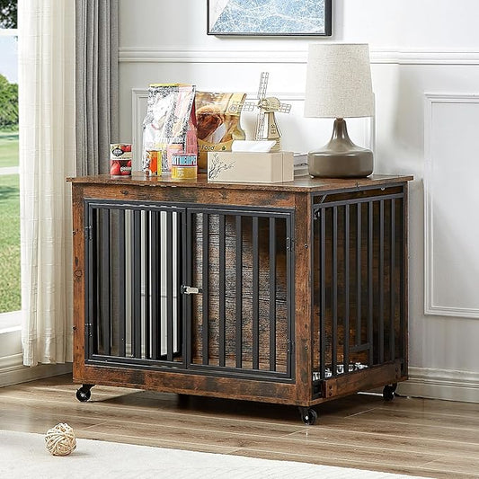 NicBex Dog Crate Furniture Dog Cage with 3 Doors and 2 Feeding Bowls