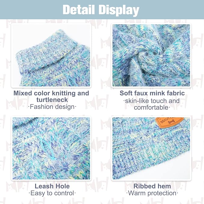 BEAUTYZOO Small Dog Sweater -Turtleneck Pullover Classic Cable Knit Fuzzy Winter Coat Dog Cold Weather Clothes for Small Medium Dogs Puppy Girl Boys(Gradient Cyan, L)