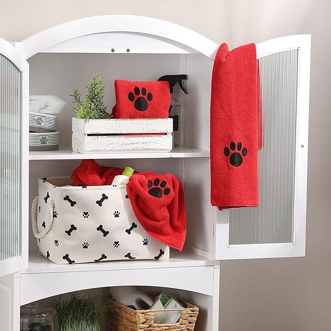 Bone Dry Pet Grooming Towel Collection Embroidered Absorbent Microfiber Drying Set 15x30, Red, 3 Count