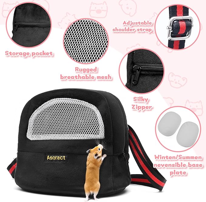Sugar Glider Pouch Bonding Fleece Guinea Pig Carrier, Soft Comfortable Going Out Small Pets Sleeping Bag with Adjustable Strap,Breathable Mesh Window and Removable Mat for Hedgehogs (Black, L1)
