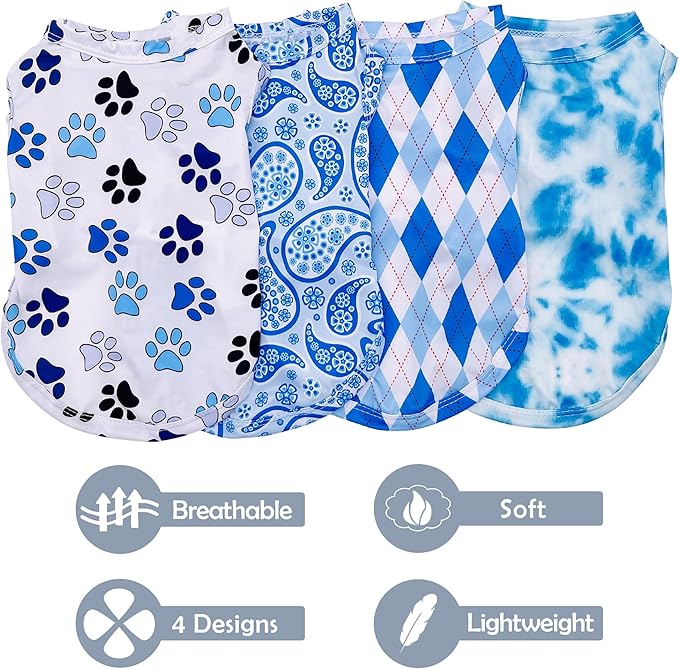 PET SHOW 4 Pack Cooling Dog Shirts Puppy Summer Clothes Paisley Vest Paw Printed Sleeveless Cats Doggies Tie Dye T-Shirts Plaid Tank Top Tee for Small Medium Dogs (S, Blue for Boys)