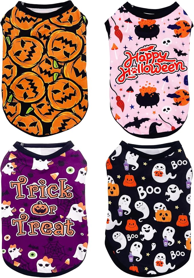 PET SHOW 4 Pack Halloween Dog Shirts for Small Dogs Ghost Pumpkin Doggies Tank Top Tee Black Orange T-Shirts Pets Holiday Party Sleeveless Vest Cats Kittens Puppy Clothes Boys Girls(Small)