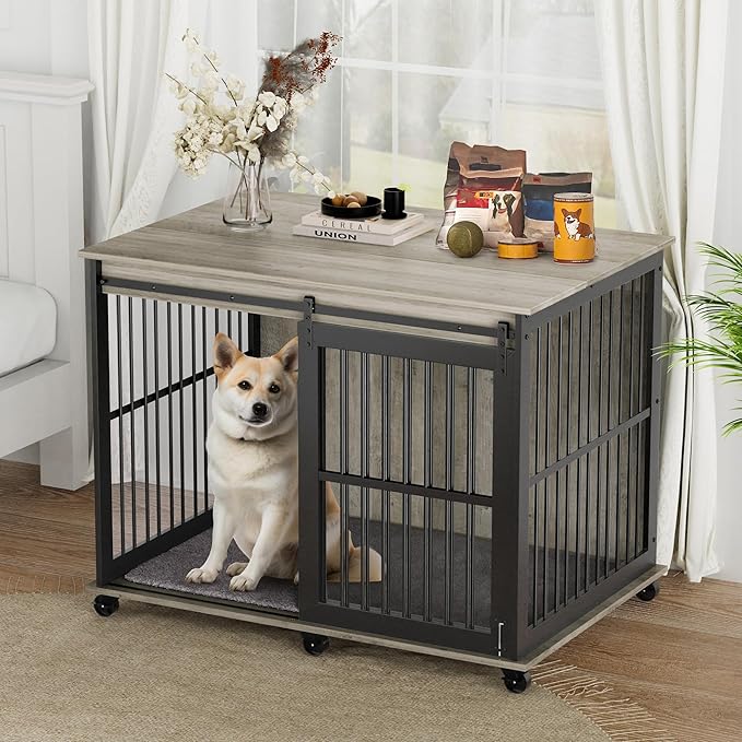 NicBex Dog Crate Furniture Dog Cage with Sliding Iron Doors and Lift Top