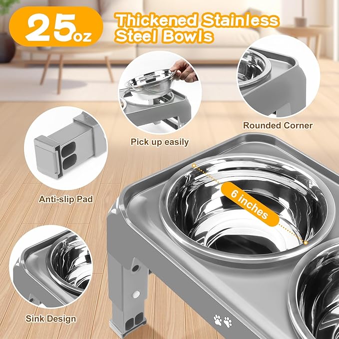 Elevated Dog Bowls for Small Medium Dogs 3 Height Adjustable Raised Dog Bowl Stand with 2 Thick 6" Stainless Steel Dog Food Bowls Non-Slip Dog Feeder Adjusts to 2.75" 6", 7.5",
