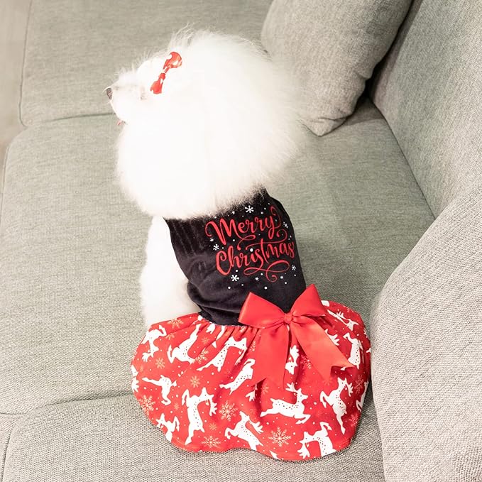 CuteBone Merry Christmas Dog Dress Velvet for Small Dogs Girl Reindeer Puppy Dresses Red Dog Clothes CVA04S-D