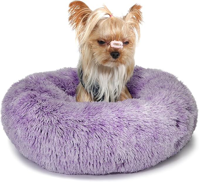 Purple and White Cat Bed for Indoor Cats Washable 15 inches Donut Soft Small Pet Bed 5 lbs