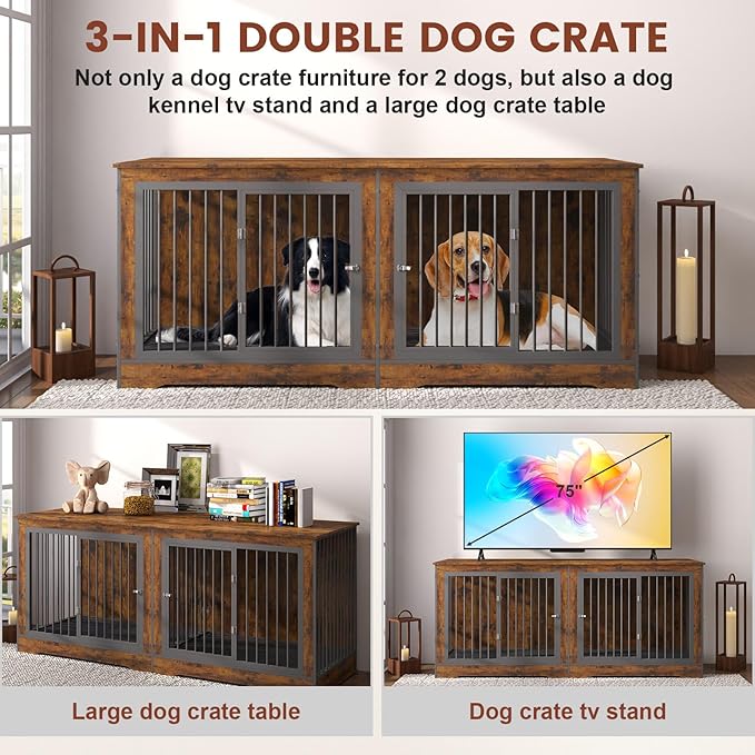 3-in-1 75 Inch Double Dog Crate Furniture 2 Large
