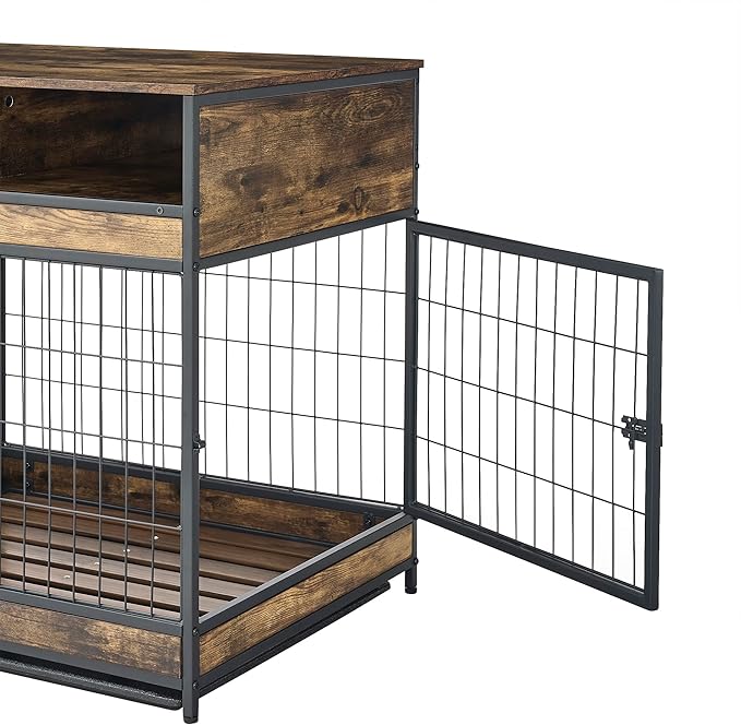 Okak Dog Crate Furniture Wooden Dog Crate Table with Drawers and Wheels Heavy Duty Dog Cage with Double Iron Doors Dog Kennel Indoor for Medium/Large Dog Brown,31.5" L