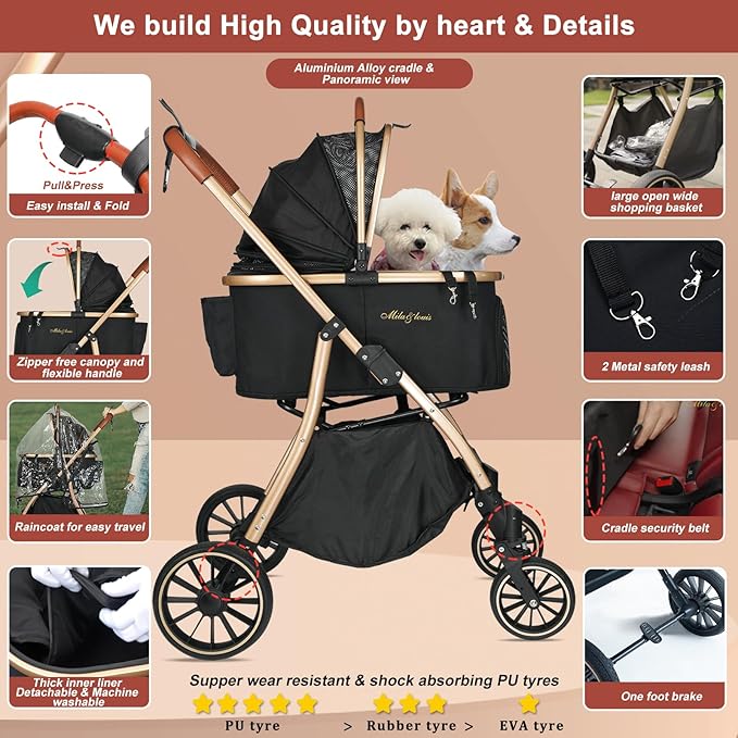 MILA&LOUIS 3 in 1 Folding Dog Stroller 4 Wheels 30lbs, Dog