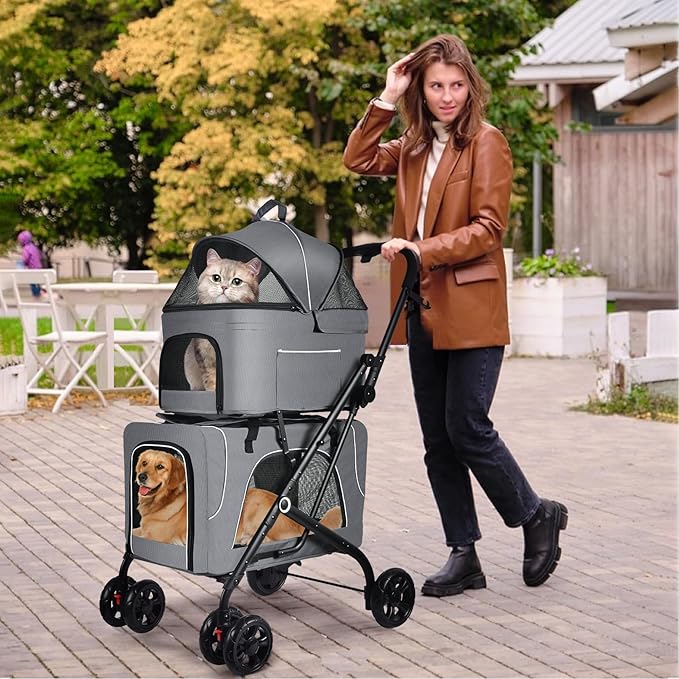 Double Pet Stroller with 2 Detachable Carrier Bags