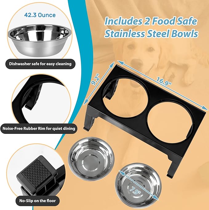 Niubya Elevated Dog Bowls with 2 Stainless Steel Dog Food Bowls 5 Heights (3.15", 8.66", 9.84",11.02", 12.2")