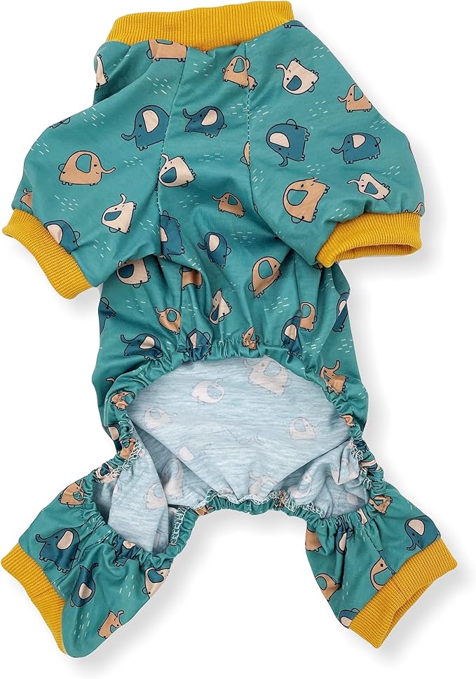 Dog Pajamas Soft COTTON Blend Jumpsuit Cute Pet Clothes for Small Medium Pet (Green Elephants 12", Chest 14" - 17")
