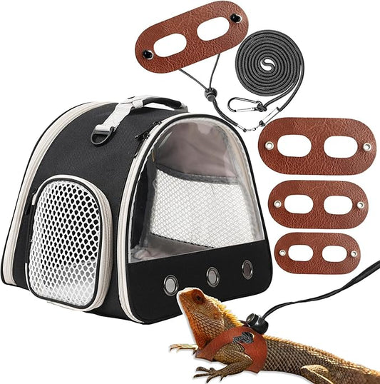 Guinea Pig Carrier,Guinea Pig Carrier for 2,Reptile Travel Carrier for Lizards Sugar Glider Hedgehog Rat Parrot Birds (Black, Carrier+Harness Leash Brown)