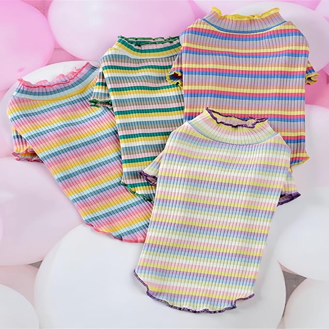 Small Medium Dog Clothes Rainbow Striped Dog Shirts Stretchable Long Sleeve Cat T-Shirt Pet Outfits for Chihuahua Yorkie Teddy (Pink Edge, X-Large)