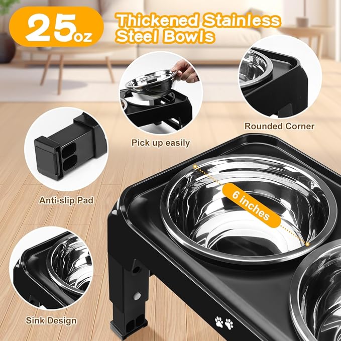 Elevated Dog Bowls for Small Medium Dogs 3 Height Adjustable Raised Dog Bowl Stand with 2 Thick 6" Stainless Steel Dog Food Bowls Non-Slip Dog Feeder Adjusts to 2.75" 6", 7.5",