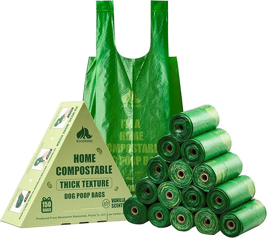 100% Home Compostable Dog Poop Bags With Handles 33% Thicker 8x Protection 150 Bags)