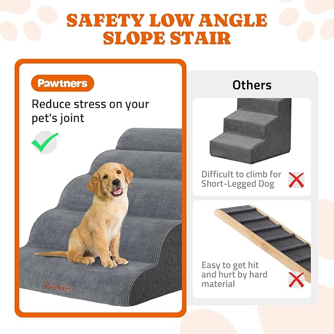 Dog Stairs for Small Dogs: Pawtners 5 Steps Dog Ramp for High Bed