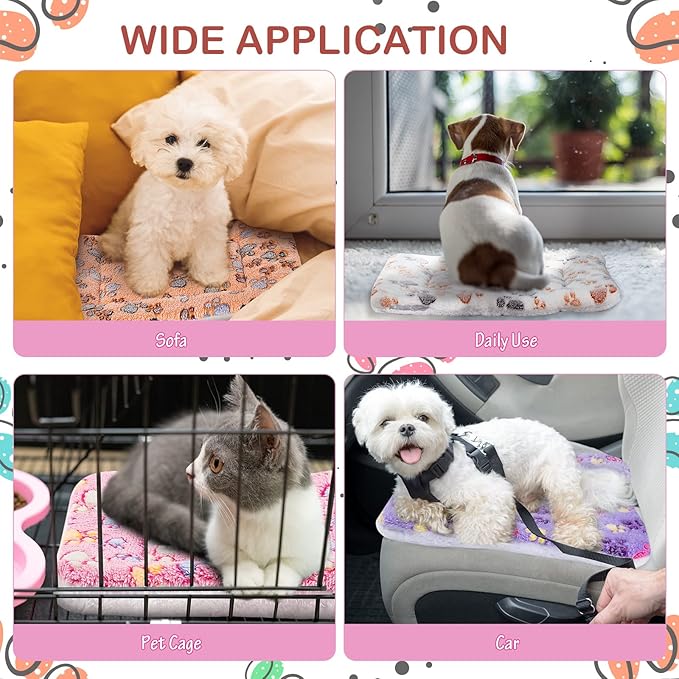 4 Pack Ultra Soft Dog Cat Bed Mat with Cute Prints Reversible Fleece Dog Crate Kennel Pad Cozy Washable Thickened Hamster Guinea Pig Bed Pet Bed Mat for Small Animals (Vivid Color 13 x 19 Inches)