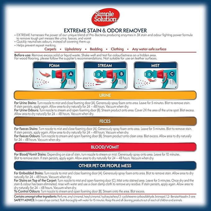 Simple Solution Extreme Pet Stain and Odor Eliminator Spray for Dogs and Cats 3X Pro-Bacteria 1 Gal