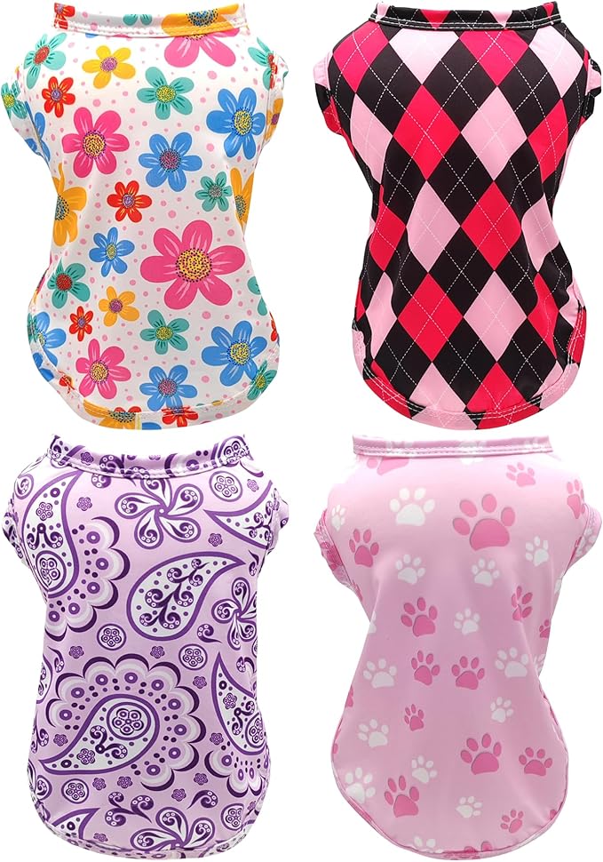 PET SHOW 4 Pack Cooling Dog Shirts Puppy Summer Clothes Paisley Vest Paw Printed Sleeveless Cats Doggies Floral T-Shirts Plaid Tank Top Tee for Small Medium Dogs (XL, Pink for Girls)