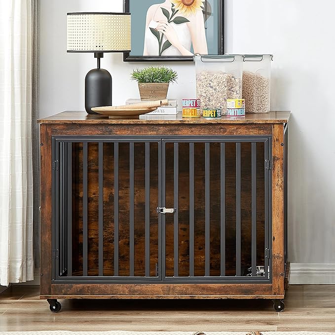 NicBex Dog Crate Furniture Dog Cage with Removable Feeding Bowls and 3 Doors