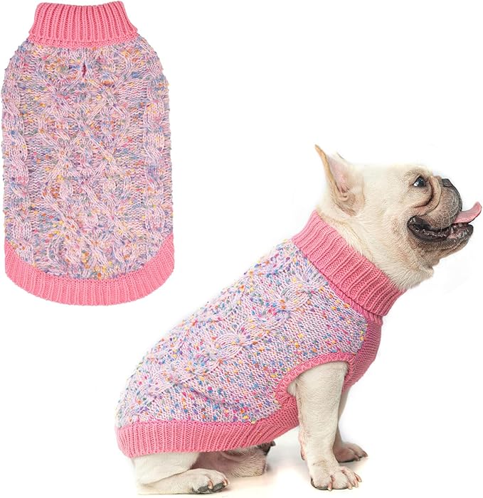 BEAUTYZOO Cable Knit Small Dog Sweater, Color Block with Fuzzy Thread Knitted Turtleneck Dog Knitwear with Dots in a Variety of Colors for Small Medium Dogs Fall Winter Dog Clothes, SM Pink