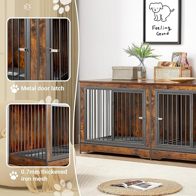 Rovibek 75'' Double Dog Crate Furniture for 2 Large Dogs