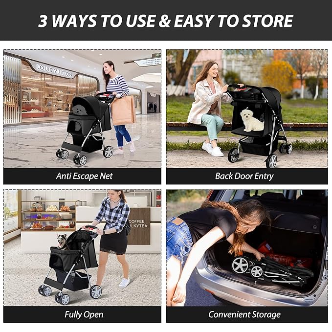 4 Wheels Pet Stroller for Small Medium Dogs Cats 33 lbs