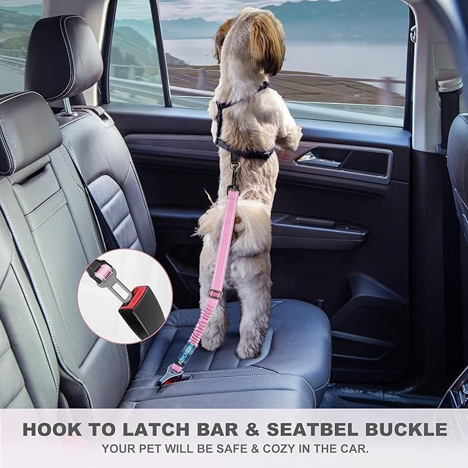 IOKHEIRA Dog Seat Belt 3-in-1 Car Harness for Dogs Adjustable Safety Seatbelt for Car Durable Nylon Reflective Bungee Fabric Tether with Clip Hook Latch & Buckle