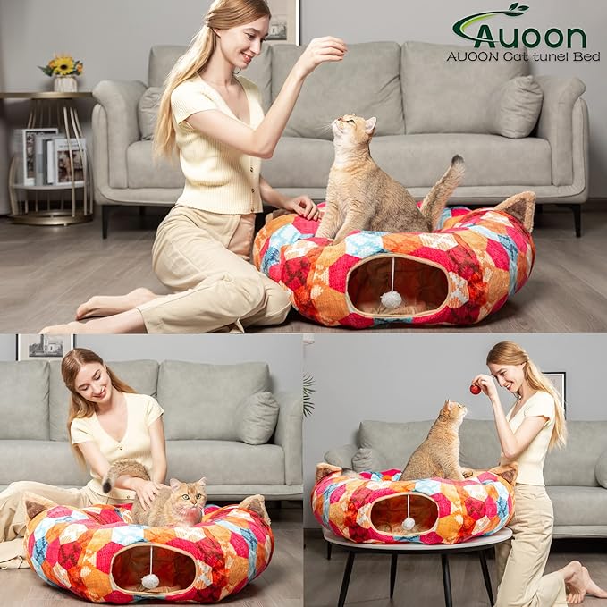 AUOON Cat Tunnel Bed with Central Mat