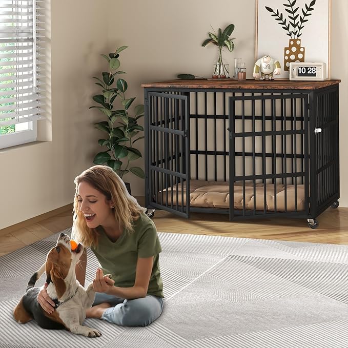 Rovibek Dog Crates for Large Dogs Medium Dogs 39" Dog 4 Wheels, 2 Doors