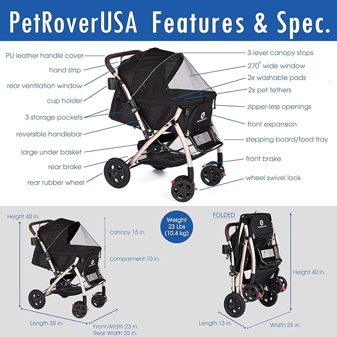 HPZ Pet Rover Premium Heavy Duty DogCat Stroller Travel Carriage CompartmentZipperless EntryPump-Free Rubber Tires Small 2nd-Gen.), X-Large 1)