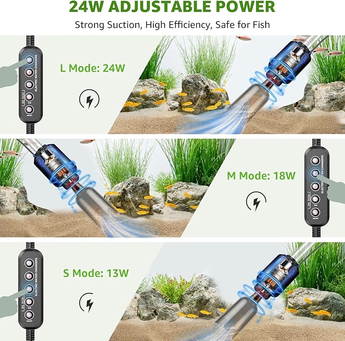 Aquarium Vacuum Gravel Cleaner: 24W Electric Fish Tank Vacuum Gravel with Strong Suction for Automatic Water Change