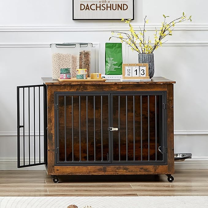 NicBex Dog Crate Furniture Dog Cage with Rotatable Feeding Bowl and 3 Doors