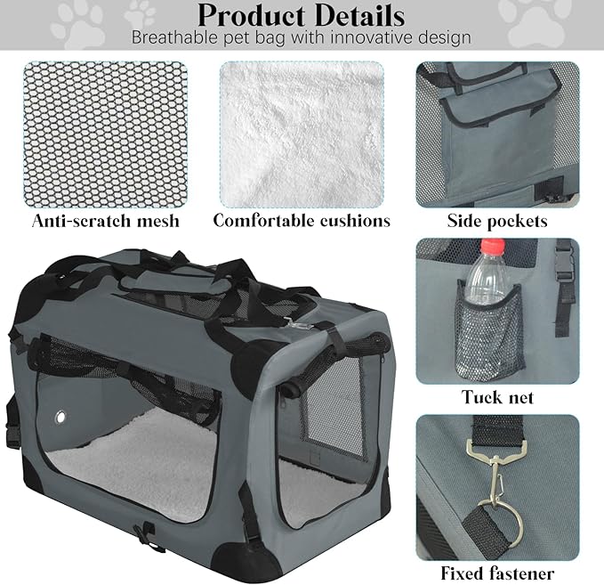 PET Foldable Dog Crate Folding Soft Dog Crate with Carrying Bag Dog Home & Dog Travel Crate Indoor & Outdoor Pet Home (Grey M-24 L 16.5" W 16.5" H)