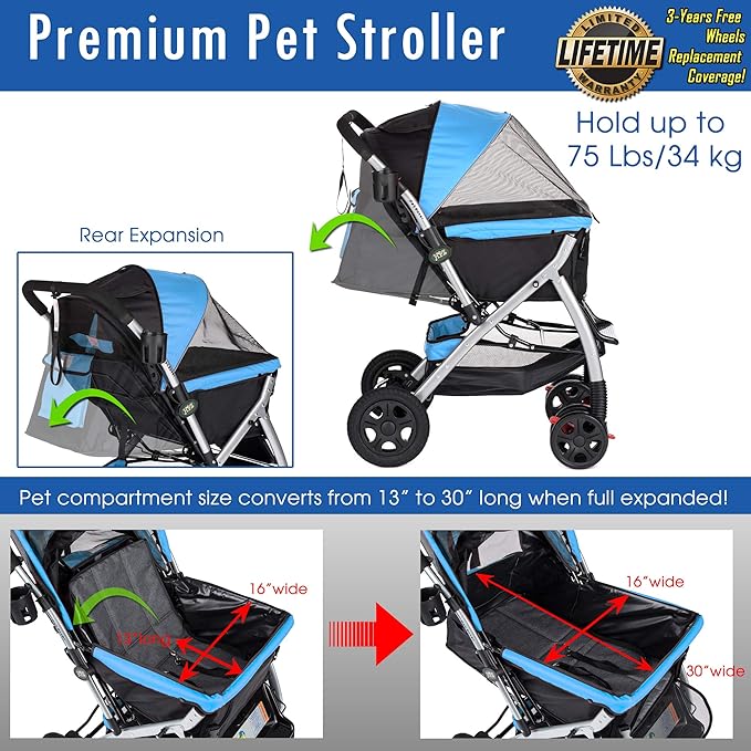HPZ PET Rover Premium Heavy Duty Dog/Cat/Pet Stroller Travel Carriage with Convertible Compartment/Zipperless Entry/Reversible Handlebar/Pump-Free Rubber Tires for Small
