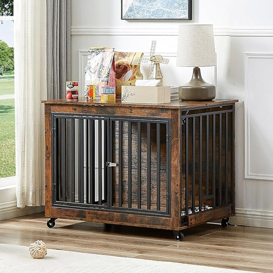 NicBex Dog Crate Furniture Dog Cage with Adjustable Feeding Bowls and 3 Doors