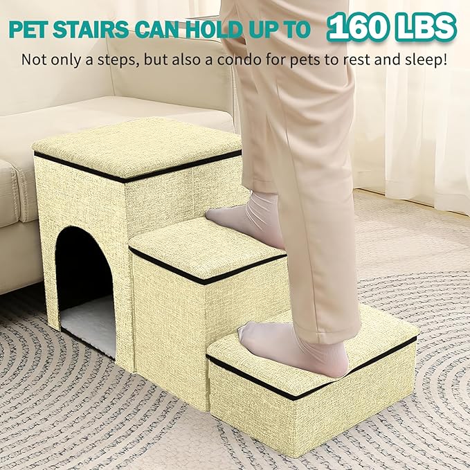 Fhiny Dog Stairs with Storage 3-Steps Foldable 160 lbs