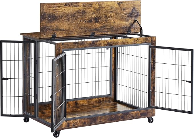 Okak Dog Crate Furniture Wooden Dog Crate With Double Sliding Iron Doors and Lift Top on Casters Heavy-Duty Dog Kennel Indoor for Medium/Large Dog Brown,38.58" L