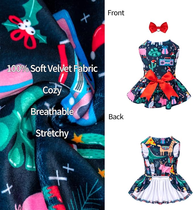 CuteBone Dog Dresses Velvet Holiday Small Dogs Clothes Onesie Pet Apparel Girl Puppy Skirt with Bow Hair Rope CVA32XS