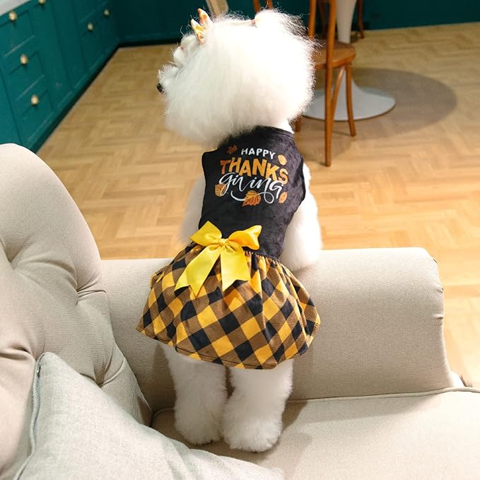 CuteBone Happy Thanksgiving Day Dog Dress Velvet for Small Dogs Girl Puppy Dresses Yellow Plaid Dog Clothes CVA03XXS-D