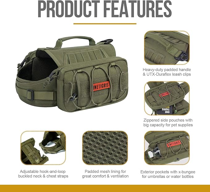OneTigris Dog Backpack for Hiking Nylon Dog Harness Backpack with Side Pockets for Large Dog with 17"-23.5" Neck Girth and 25"-31" Chest Girth (Green