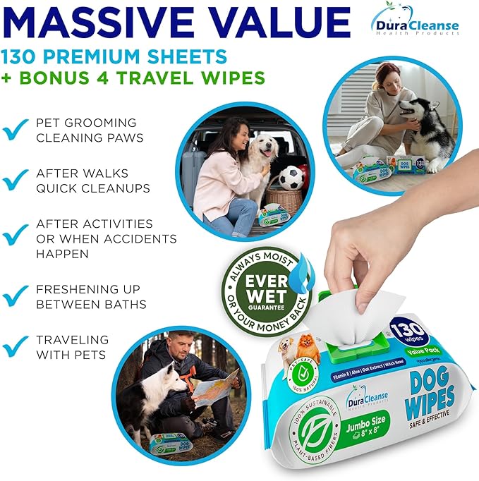 Dog Wipes for Paws Butt and Ears 3 Pack 390 Count 12 Travel 8" x 8" Large