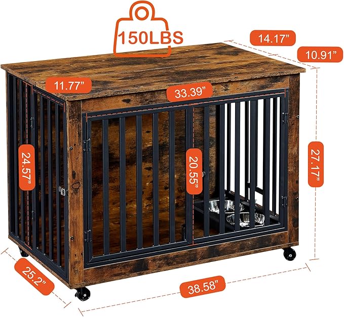 NicBex Dog Crate Furniture Dog Cage with Adjustable Feeding Bowls and 3 Doors