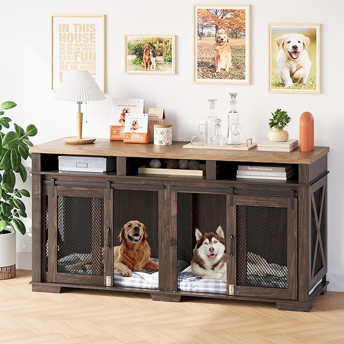 Dog Crate Furniture 71" Heavy 3 Storage 2 Dogs, 2 Sliding