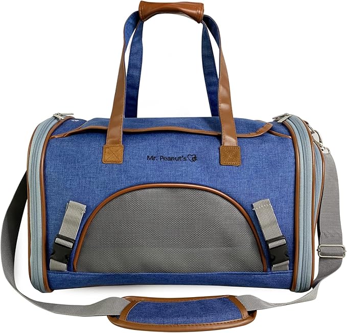 Mr. Peanut's Expandable Airline Approved Soft Sided Pet Carrier, Low Profile Gold Series Tote, Premium Brand Self Locking Zippers, Plush Faux Fleece Bedding with a Sturdy Plywood Base (Deja Blue)