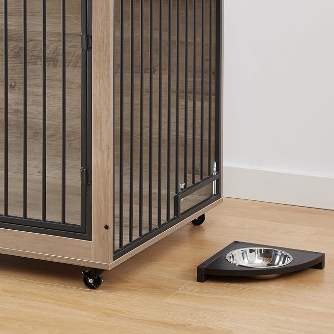 Okak Dog Crate Furniture Side Table Wooden Dog Crate With Rotatable Feeding Bowl on Casters Heavy-Duty Dog Kennel Indoor for Medium/Large Dog Opening,Grey,43.7"W
